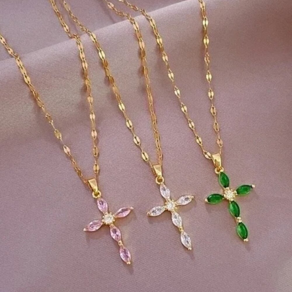 53. Rhinestones stainless steel cross necklace
